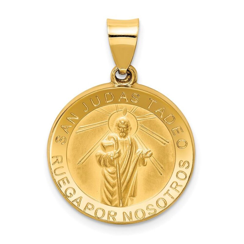 14k Yellow Gold Hollow San Judas Tadeo Medal Pendant, 19mm (3/4 Inch)